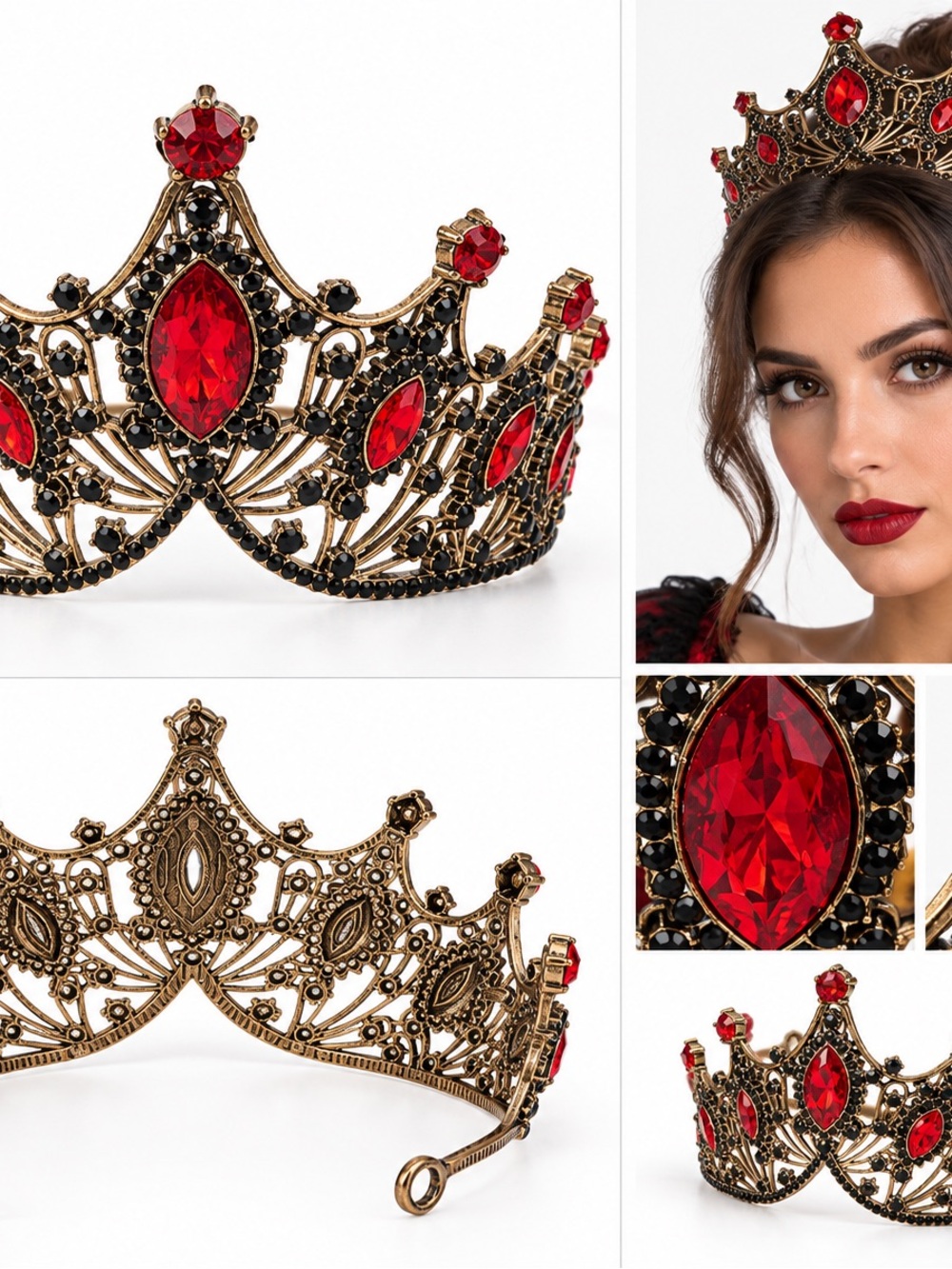 Gold Filigree Tiara with Red and Black Gemstones - Women Accessories
